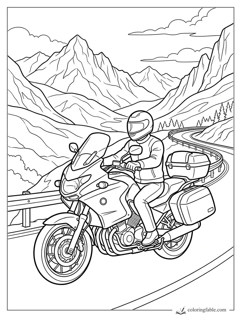 Motorcyclist on a touring bike with saddlebags riding a winding mountain road.