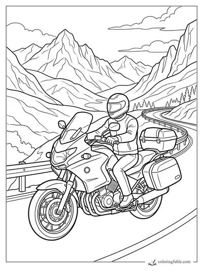 Motorcyclist on a touring bike with saddlebags riding a winding mountain road.