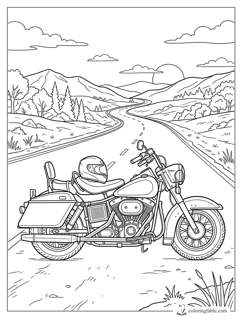 Touring motorcycle with helmet parked on a winding mountain road at sunset