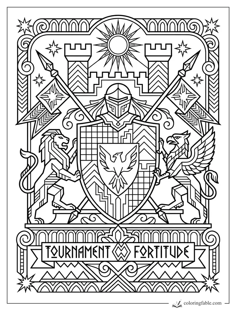 Art deco knight crest with castle towers, sunburst, lion, griffin, flags, and Tournament of Fortitude banner