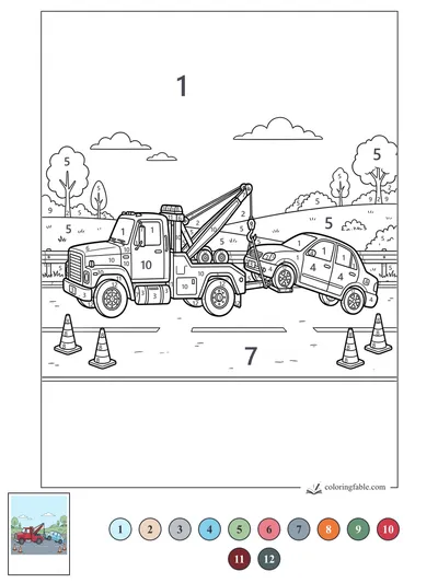 Tow Truck Lifting a Car by the Roadside — color by number