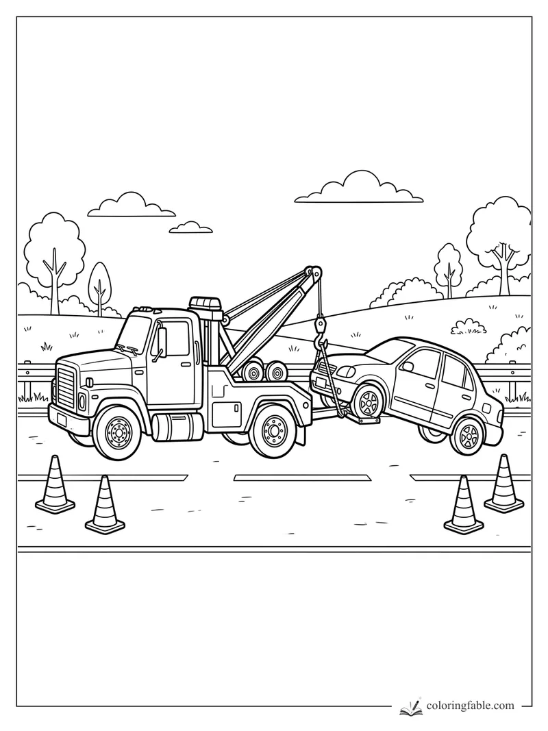 Tow truck hoisting a small car with a hook, traffic cones, guardrail, hills, trees, and clouds.