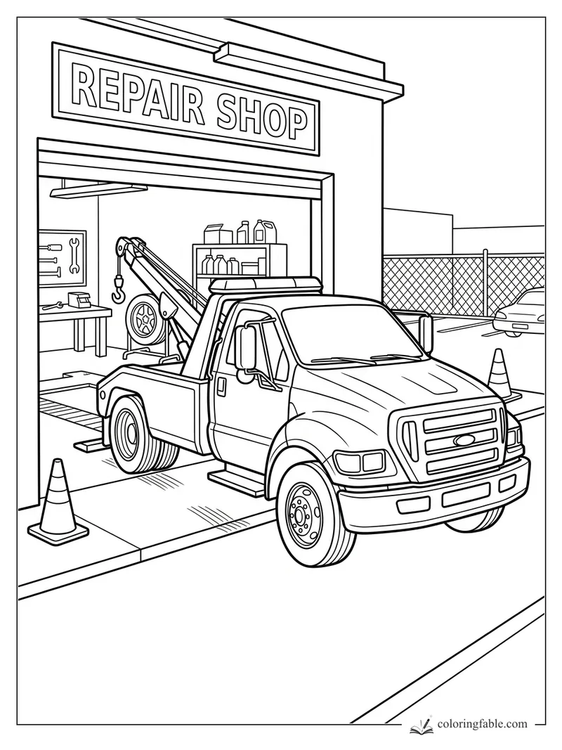 Tow truck parked at a repair shop garage with cones, tools, shelves, hook, and chain-link fence