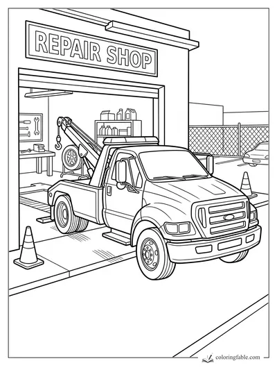 Tow truck parked at a repair shop garage with cones, tools, shelves, hook, and chain-link fence