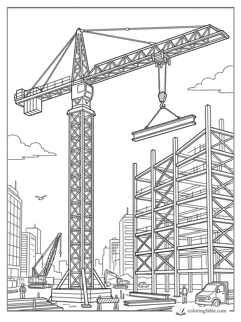 Realistic tower crane lifting a steel beam beside a high-rise frame in a city construction site