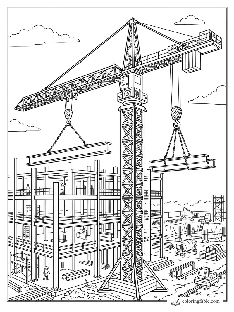 Tower crane lifting steel beams over a multi-story construction site with workers and machines