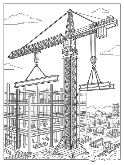 Tower crane lifting steel beams over a multi-story construction site with workers and machines