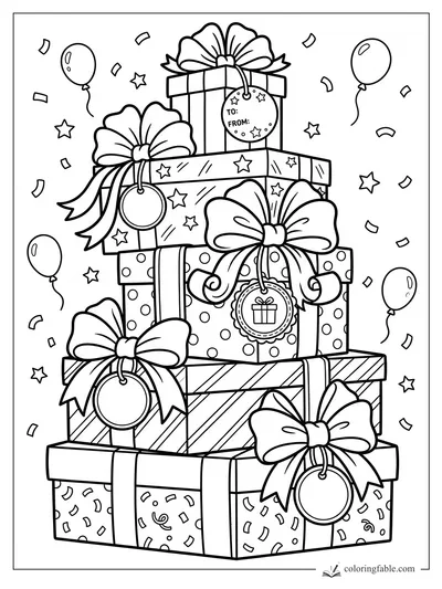 Stack of birthday presents with big bows, gift tags, balloons, stars, and confetti