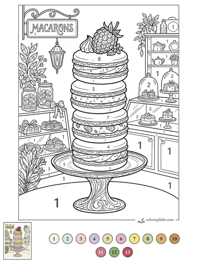 Tower of Macarons in a Fancy Bakery — color by number