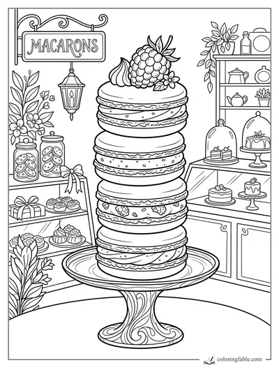 Tall macaron stack on a cake stand with berries, bakery shelves, cookie jars, plants, and a macarons sign