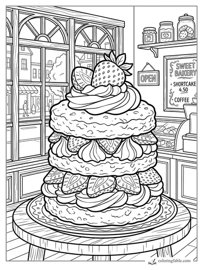 Strawberry shortcake tower on a round bakery table with window, open sign, jars, and menu board.