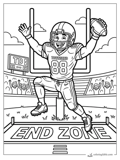 Cartoon football player #88 Townsend celebrating a touchdown in the end zone with ball raised