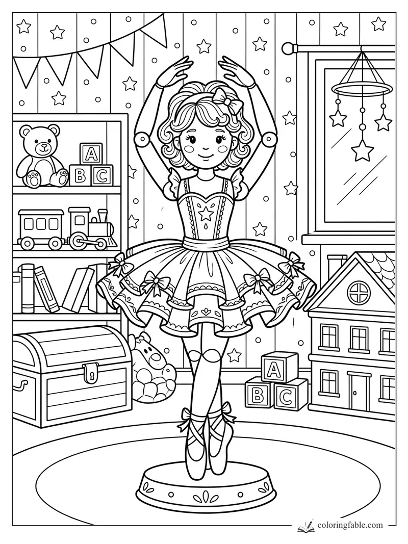 Cartoon ballerina on pointe in a toy room with teddy bear, ABC blocks, dollhouse, stars, and bunting