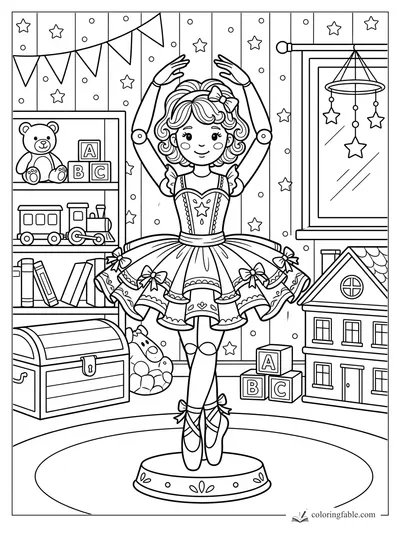Cartoon ballerina on pointe in a toy room with teddy bear, ABC blocks, dollhouse, stars, and bunting