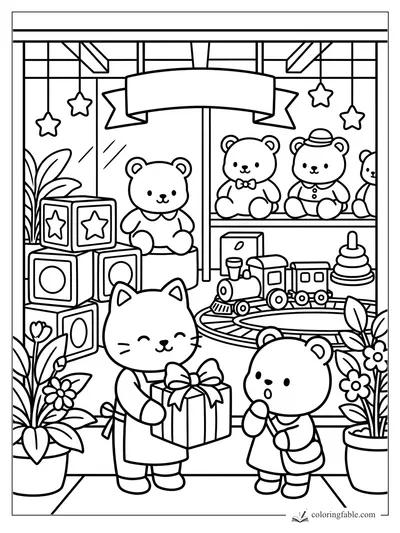 Cozy toy shop coloring page with a cat holding a bow-tied gift, teddy bears, blocks, plants, and a train set.