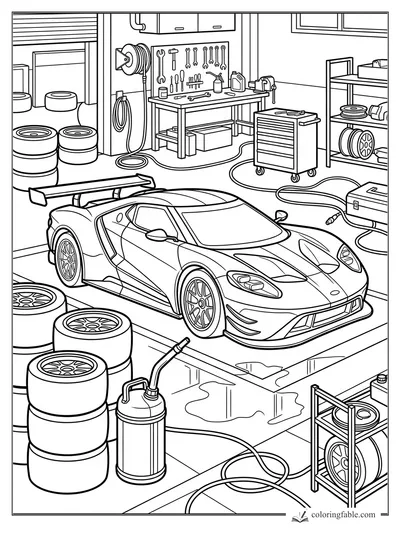 Realistic sports car with rear wing in a garage, surrounded by tires, tools, hoses, and workbenches.
