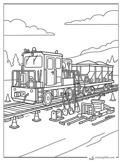 Track repair train with open flat car, shovels, cones, rails, and hills in a bold easy coloring page