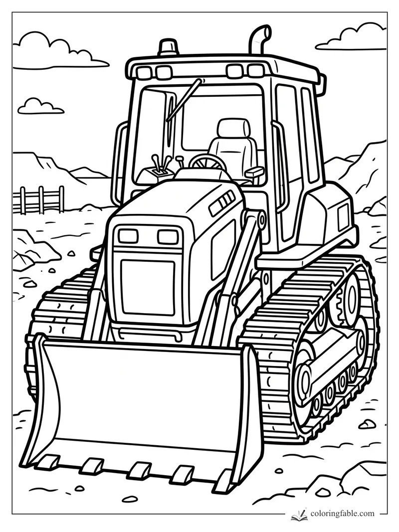 Bold bulldozer coloring page with tracks, cab, front blade, rocks, hills, and clouds