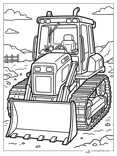 Bold bulldozer coloring page with tracks, cab, front blade, rocks, hills, and clouds