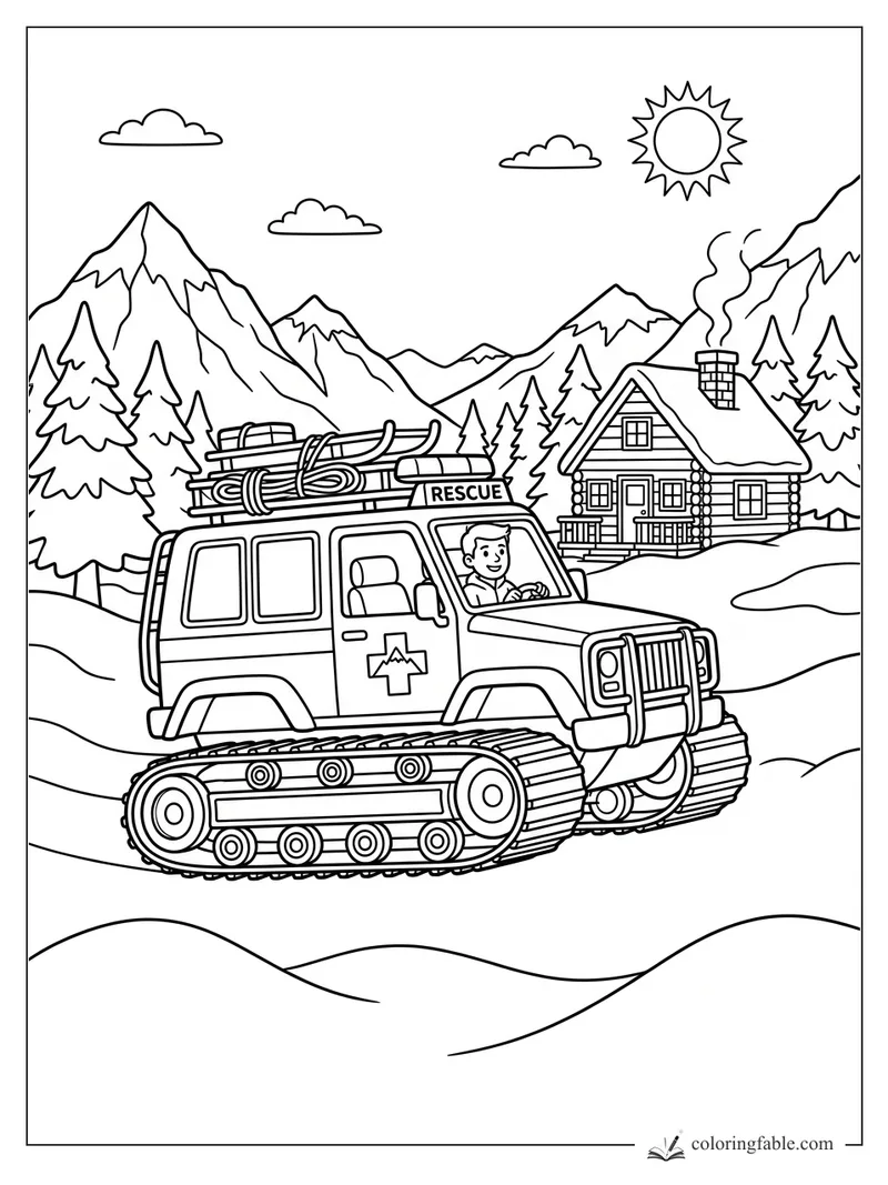 Cartoon tracked rescue SUV with smiling driver, roof sled, snowy cabin, pine trees, mountains, and sun.