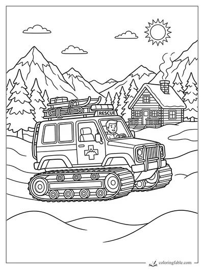 Cartoon tracked rescue SUV with smiling driver, roof sled, snowy cabin, pine trees, mountains, and sun.