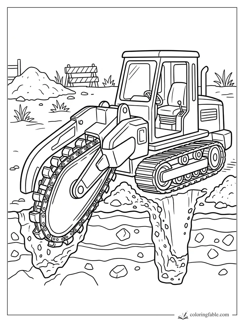 Tracked trencher with a chain digging wheel cutting a deep trench beside dirt piles and a striped barricade.
