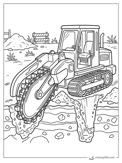 Tracked trencher with a chain digging wheel cutting a deep trench beside dirt piles and a striped barricade.