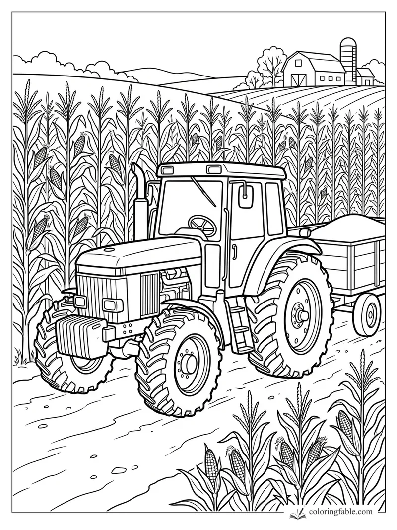 Tractor with wagon driving between tall corn rows, with a barn and silo on the hills behind it