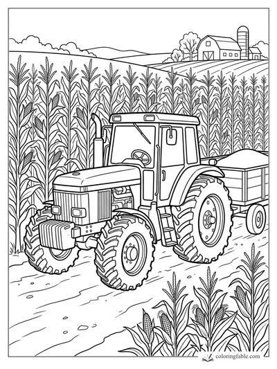 Tractor with wagon driving between tall corn rows, with a barn and silo on the hills behind it