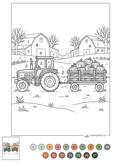 Tractor Hauling Pumpkins Past the Barns — color by number