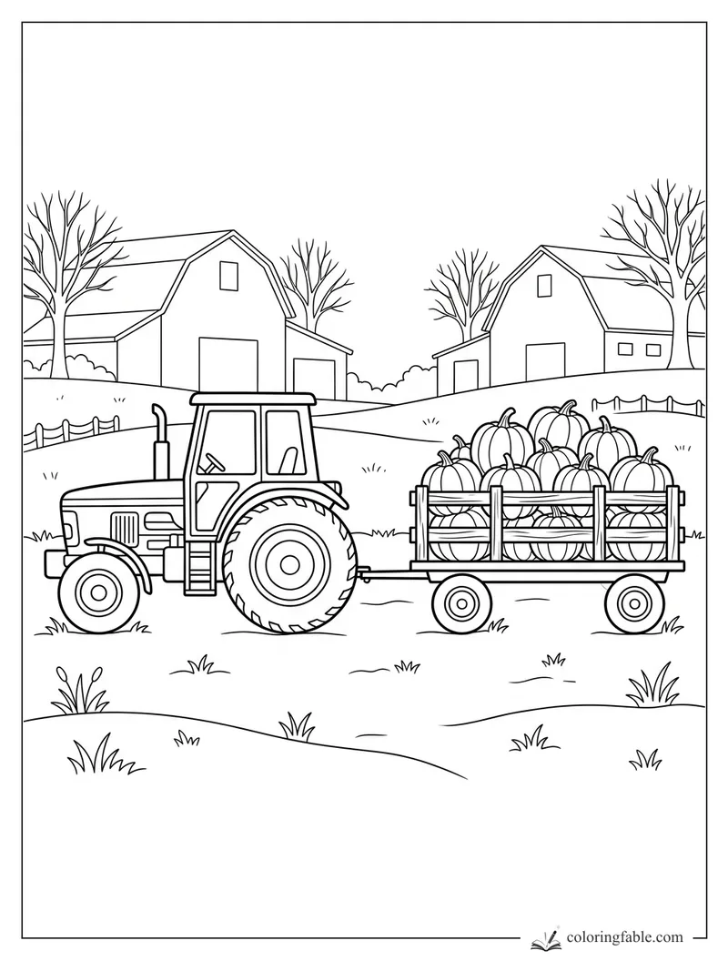 Tractor pulling a wagon full of pumpkins between barns, fences, bare trees, and grassy fields.