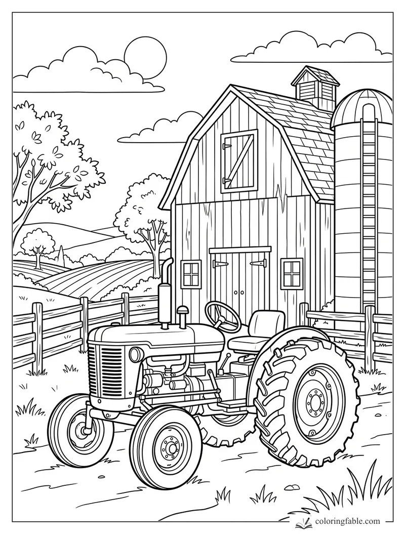 Vintage tractor in front of a barn, silo, fence, trees, fields, clouds, and sun coloring page