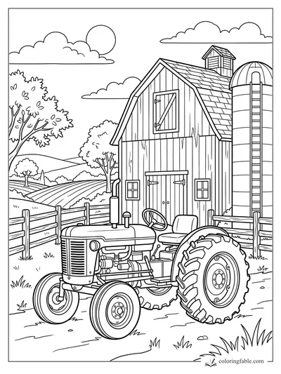 Vintage tractor in front of a barn, silo, fence, trees, fields, clouds, and sun coloring page