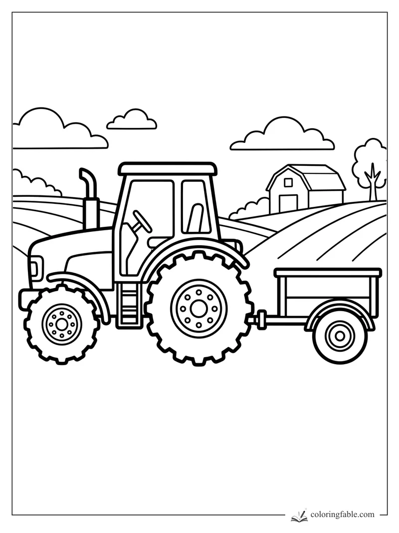Bold tractor with trailer, barn, rolling fields, clouds, and tree coloring page for toddlers