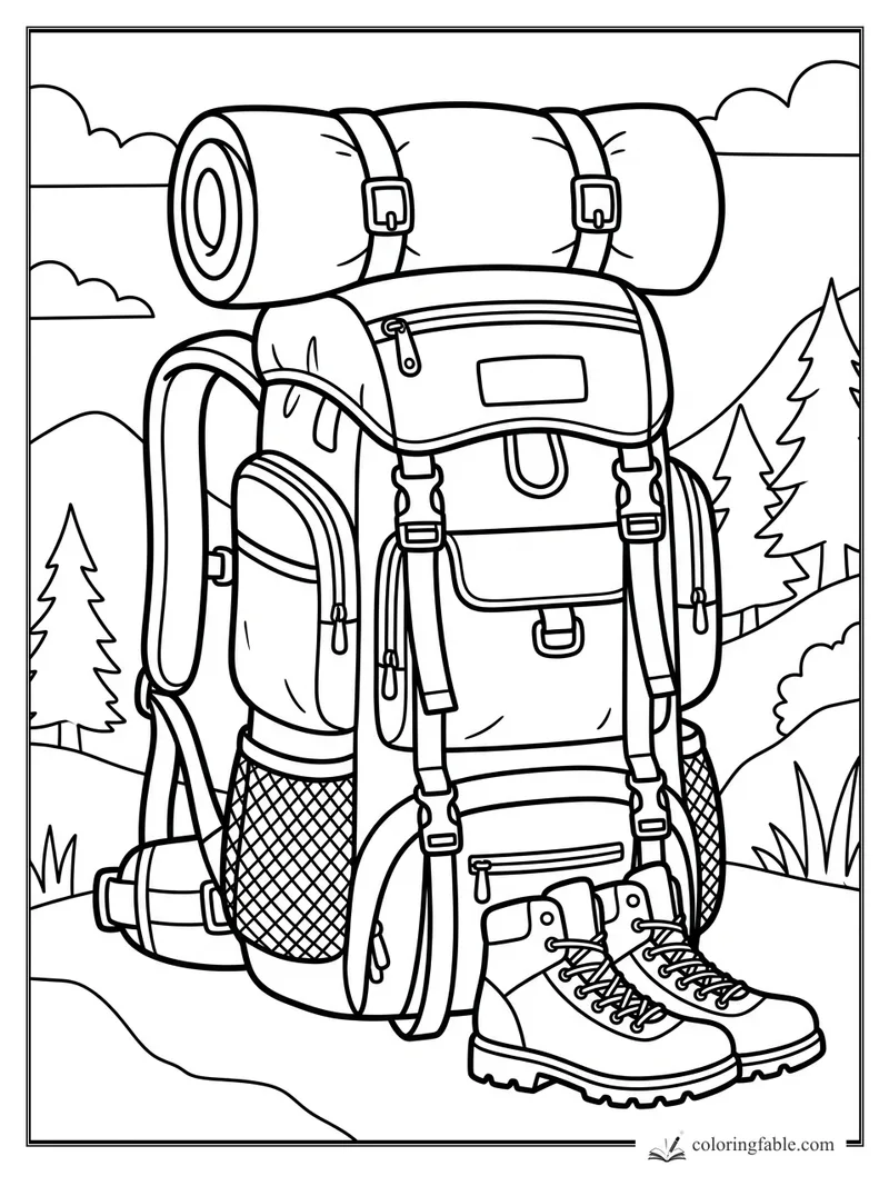Camping backpack with rolled sleeping pad, hiking boots, straps, pockets, pines, hills, and clouds