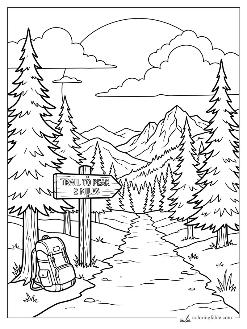 Coloring page of a forest trail sign, backpack, pine trees, and distant mountain peaks.
