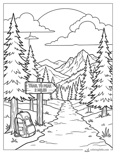 Coloring page of a forest trail sign, backpack, pine trees, and distant mountain peaks.