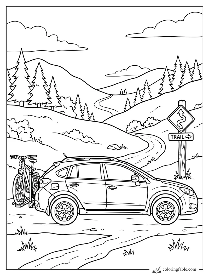 SUV with rear bicycles parked by a trail sign on a winding mountain road