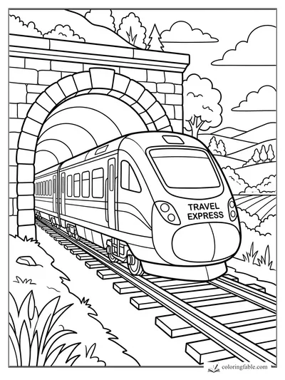 Travel Express train emerging from a stone tunnel with hills, trees, clouds, and tracks