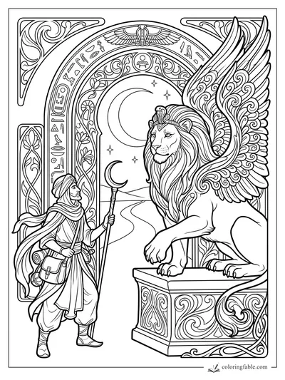 Art nouveau fantasy coloring page of a robed traveler facing a winged lion sphinx under a crescent arch.