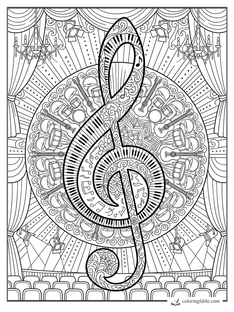 Intricate treble clef mandala with piano keys, drums, guitars, curtains, chandeliers, and theater seats