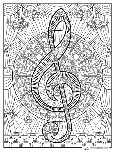 Intricate treble clef mandala with piano keys, drums, guitars, curtains, chandeliers, and theater seats