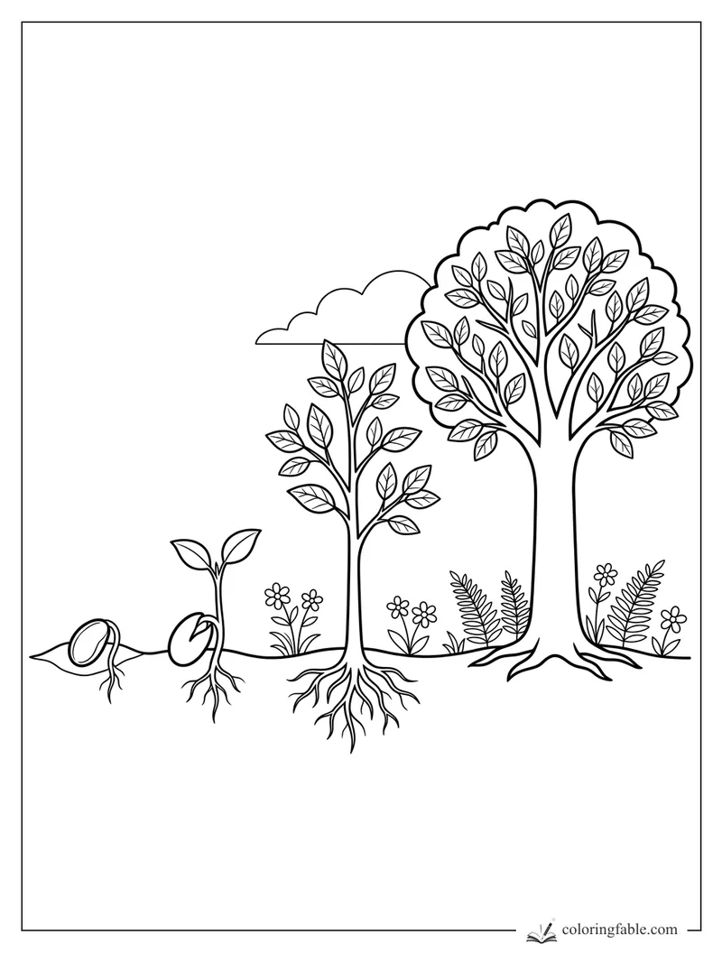 Tree life cycle coloring page with seed, sprout, young tree, mature tree, roots, flowers, and cloud
