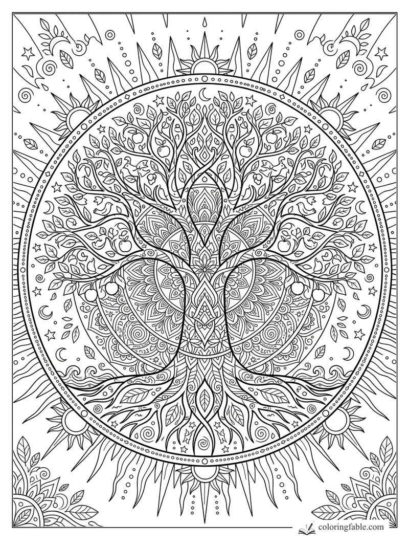 Intricate tree mandala with birds, apples, leaves, crescent moons, stars, and sunburst border