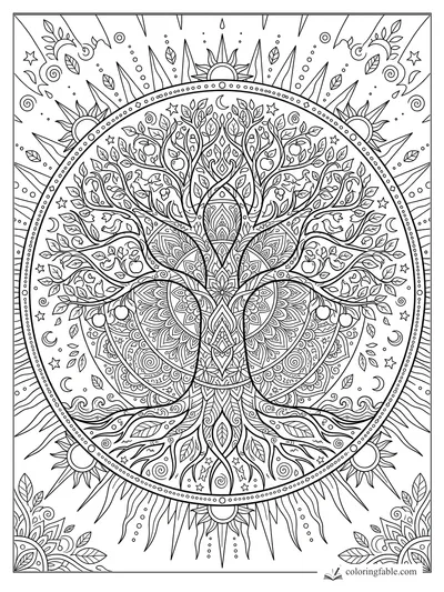 Intricate tree mandala with birds, apples, leaves, crescent moons, stars, and sunburst border