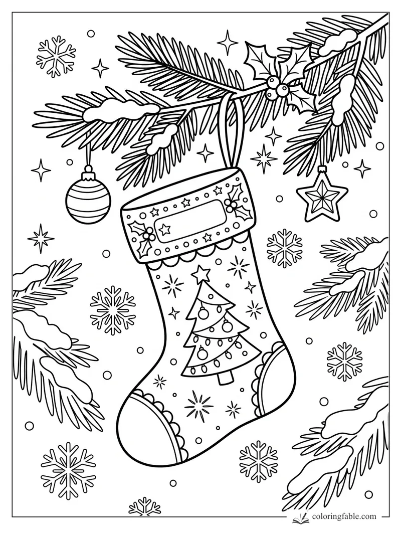Cartoon Christmas stocking hanging from snowy pine branches with ornaments, holly, stars, and snowflakes