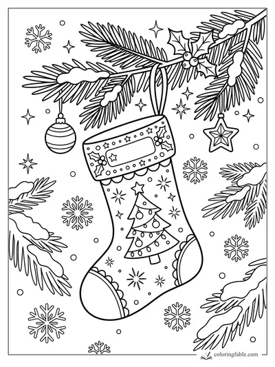 Cartoon Christmas stocking hanging from snowy pine branches with ornaments, holly, stars, and snowflakes
