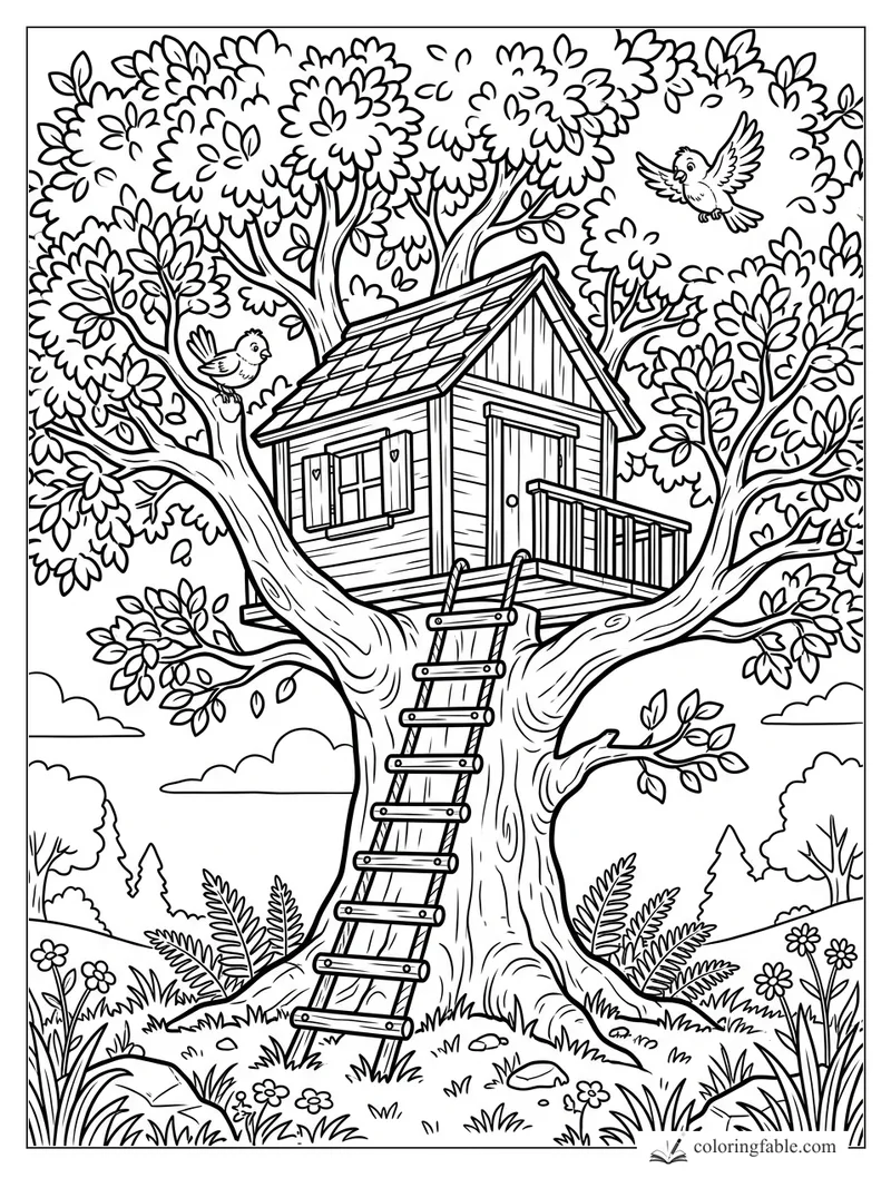 Cartoon treehouse in a leafy tree with a ladder, porch railing, shuttered window, and two birds.