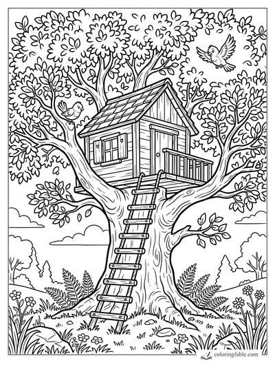 Cartoon treehouse in a leafy tree with a ladder, porch railing, shuttered window, and two birds.