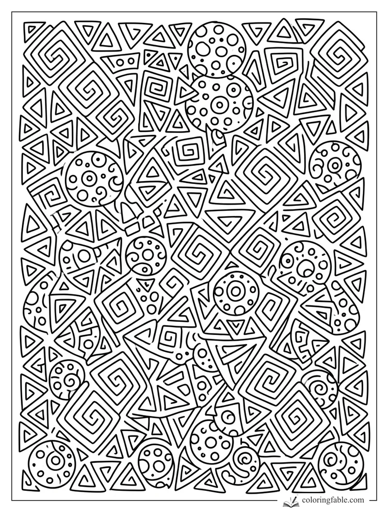 Intricate doodle pattern of nested triangles, spiral squares, and dotted circles for coloring